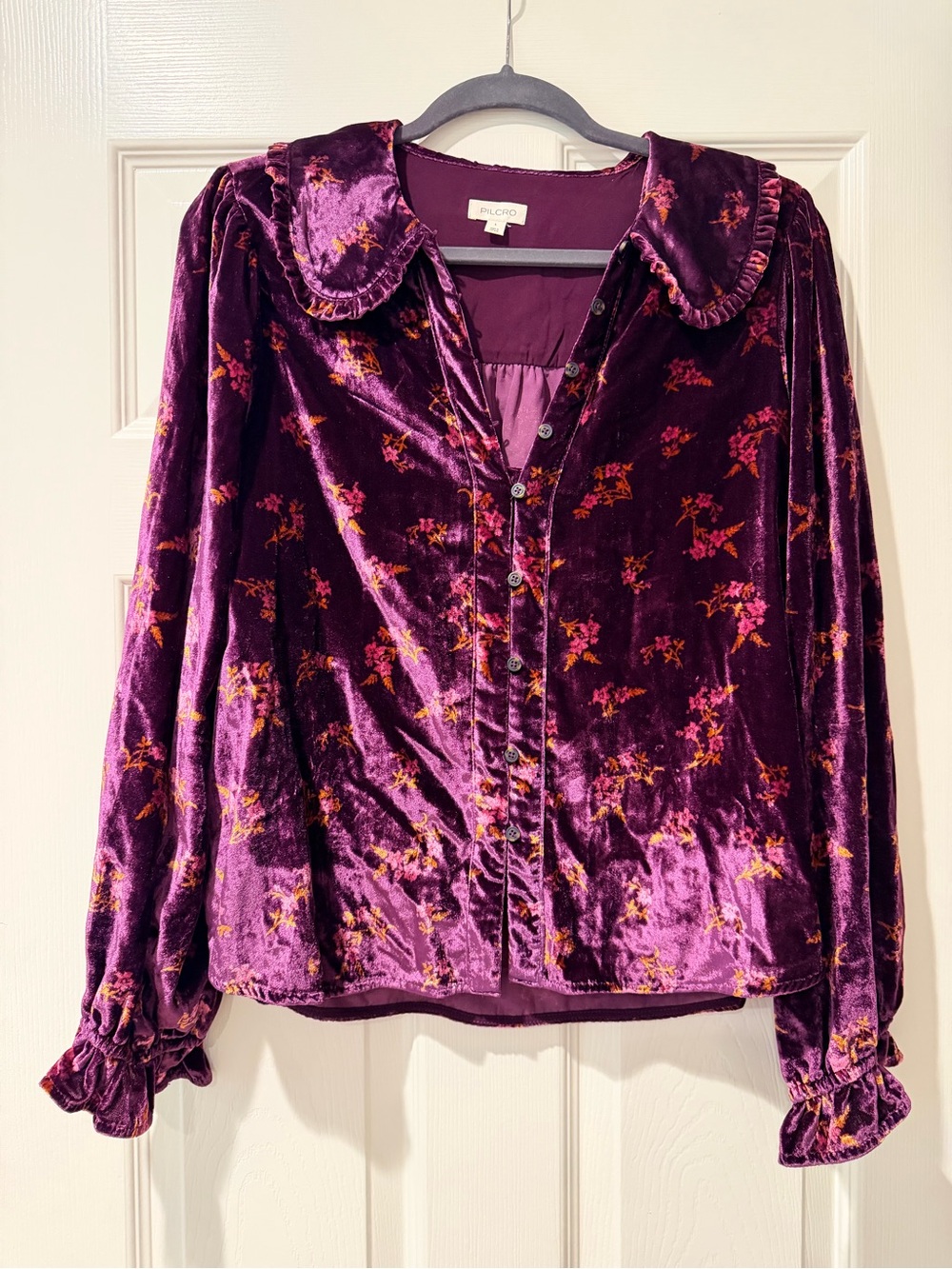 Pilcro Velvet Floral Button-Up Blouse in Deep Purple and Pink